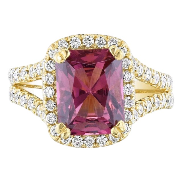 4.01 Carat Tourmaline Diamond Yellow Gold Cocktail Ring, Size 7 For Sale