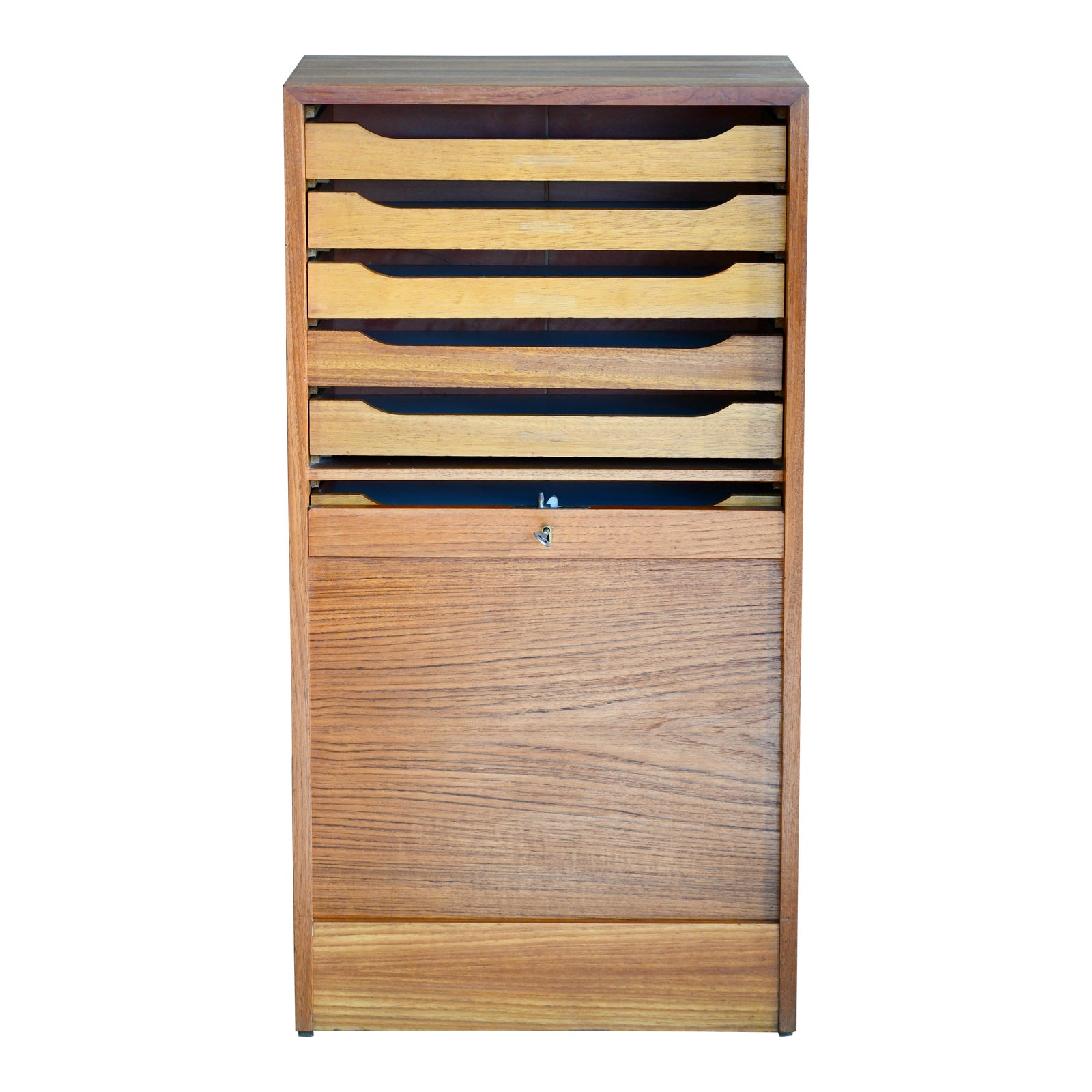 Danish Teak File Cabinet With Lockable Tambour Pull Up Front
