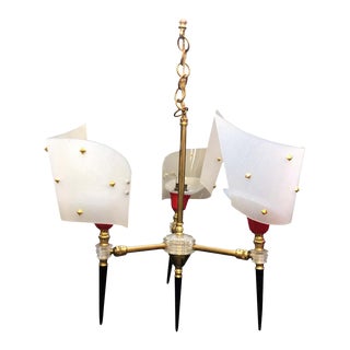 1960s French Mid-Century Modern Brass Three Lights Chandelier For Sale