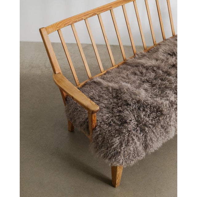 1940s Early Swedish Mid-Century Wooden Pine Two Seater Sofa With Sheepskin by Carl Malmsten, 1940s For Sale - Image 5 of 9