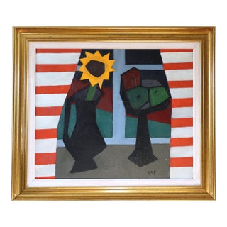 Mid-Century Modern 'The Striped Room' Vintage Still Life Oil Painting by Swedish Artist Bengt Orup (1916–1996), Framed For Sale
