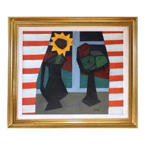 Mid-Century Modern 'The Striped Room' Vintage Still Life Oil Painting by Swedish Artist Bengt Orup (1916–1996), Framed