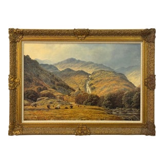 Sheep by Mountain Waterfall in Lake District England an Original Oil on Canvas 1990 Circa For Sale