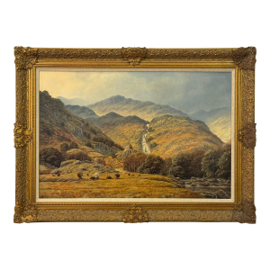 Sheep by Mountain Waterfall in Lake District England an Original Oil on Canvas 1990 Circa