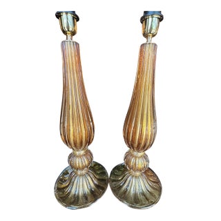Modern Murano Amber and Gold Glass Lamps - Pair For Sale