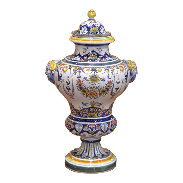 19th Century French Rouen Revival Faience Covered Urn With Ram Masks For Sale