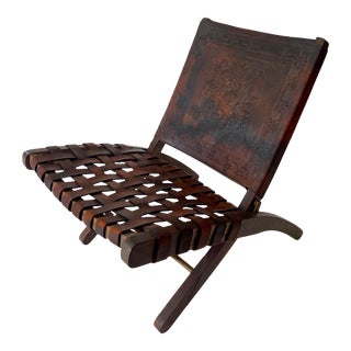 1960s Folding Chair Leather and Wood Frame Chair Attributed to Angel Pazmino For Sale