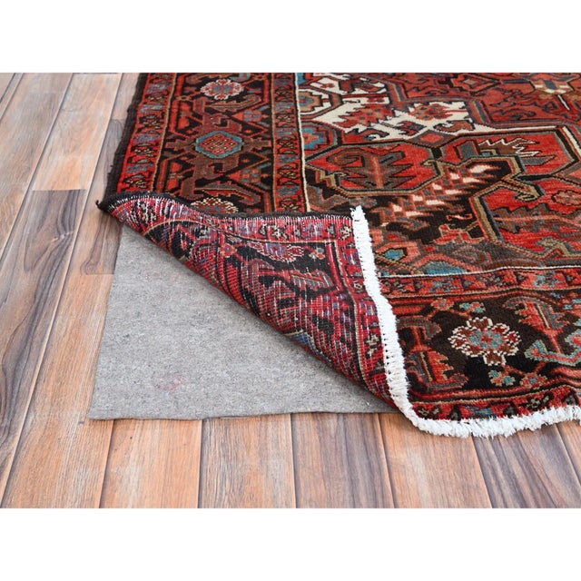 Red 1960 7'10"x10'7" Red Centre Geometric Element Pure Wool Vintage Worn Down Clean Rug For Sale - Image 8 of 12