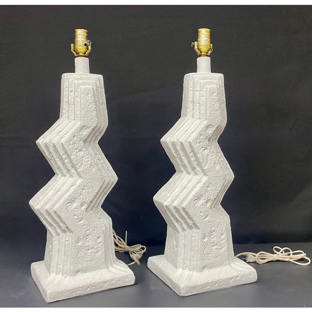 1980's Post Modern White Zig Zag Plaster Lamps by Ziggurat - A Pair For Sale - Image 4 of 12