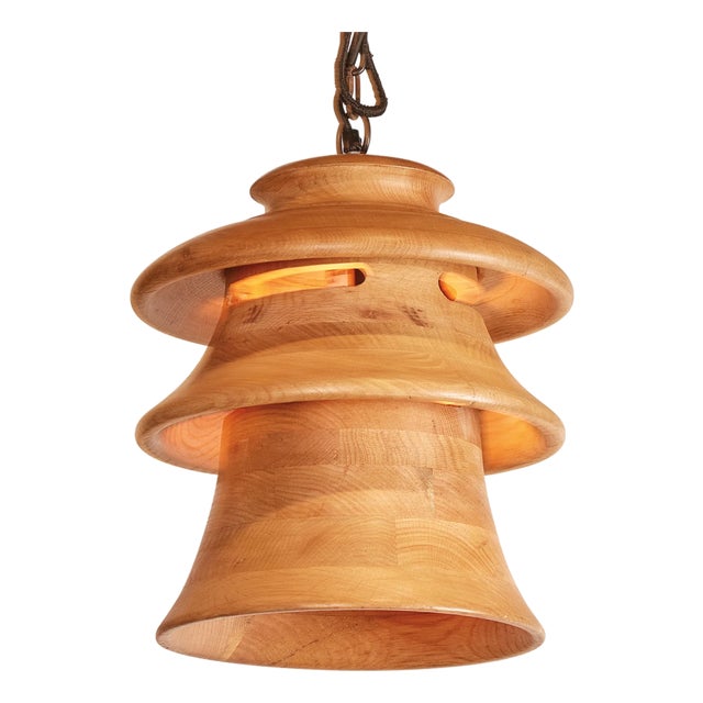 Matthew Izzo Home Large Oak Wood Tier Pendant Light For Sale