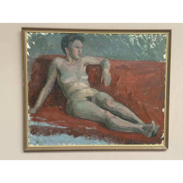 Vilhelm Blomquist, Reclining Lady on Red Couch, 1960s, Oil on Panel, Framed For Sale - Image 17 of 18