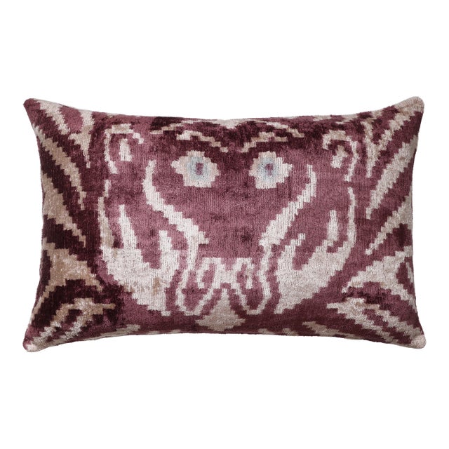 Hand-Knotted Silk Velvet Ikat Lumbar Pillow - 16x24 Plum & Champagne For Sale
