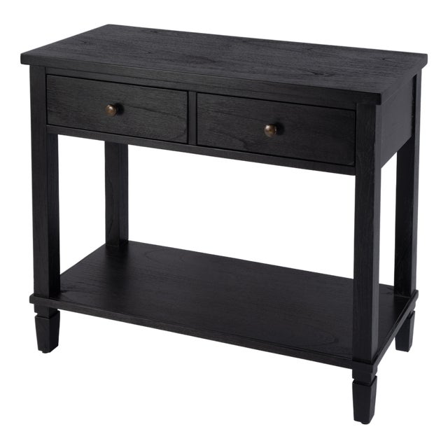 Flagstaff 36 in. W Rectangular Wood 2 Drawer Console Table with Lower Open Shelf, Washed Black For Sale