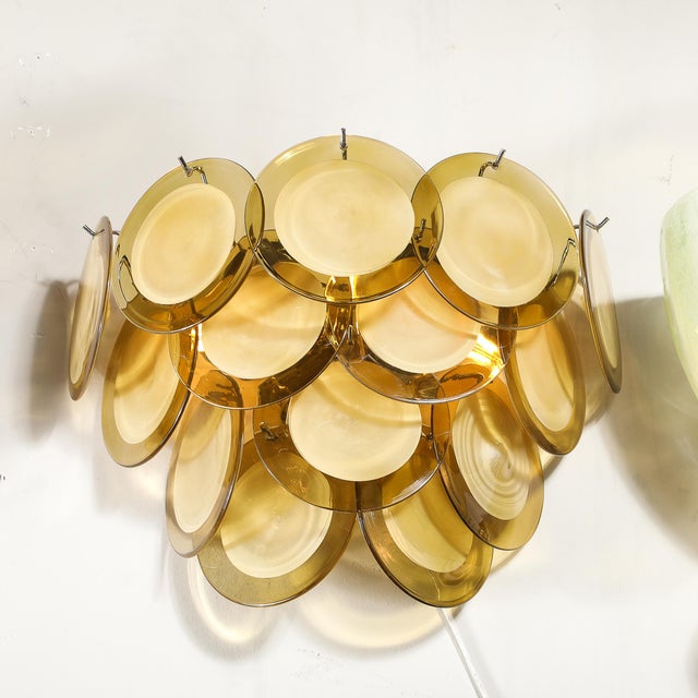 Pair of Modernist 14-Disc Sconces in Hand-Blown Murano Topaz Glass For Sale In New York - Image 6 of 15