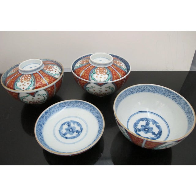Red Japanese Old Imari Ornate Red Porcelain Tea Soup Bowl Cup With Lid Set of 3 For Sale - Image 8 of 9