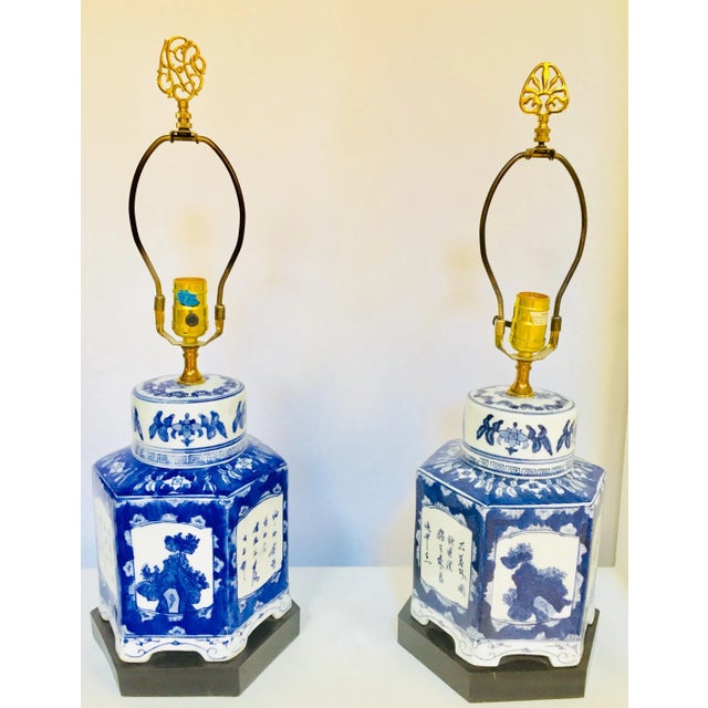 Blue and White Chinese Porcelain Tea Canisters Table Lamps - a Pair For Sale - Image 13 of 13