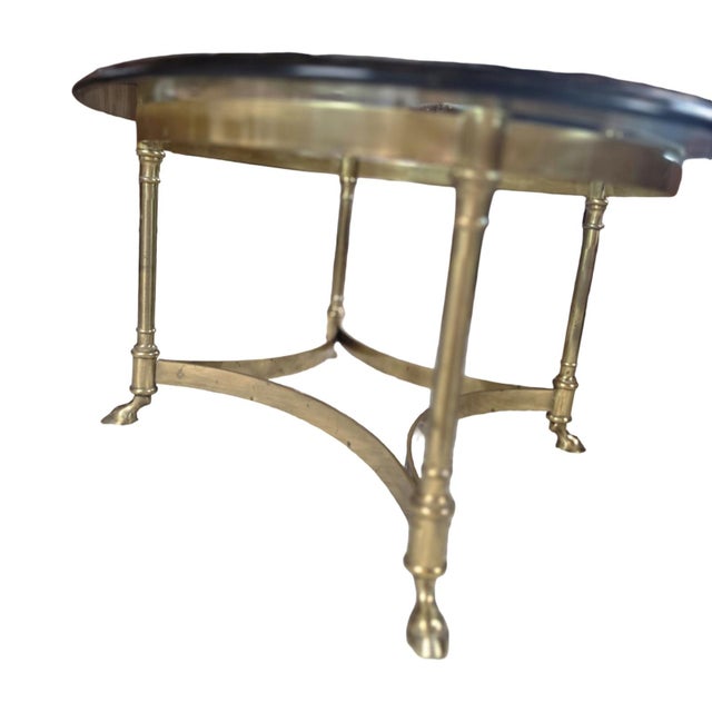 Vintage Brass & Beveled Glass Oval Coffee Table With Hoof Feet For Sale - Image 9 of 12