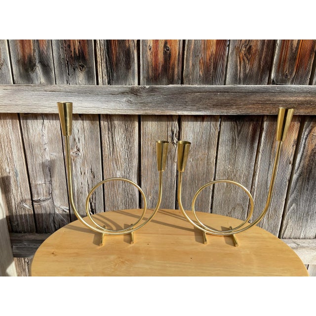 Mid-Century Modern Gold-Tone Metal Candelabras- a Pair For Sale - Image 9 of 12