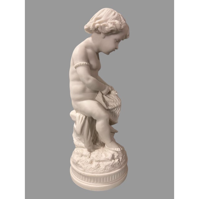 Early 20th Century Antique Victorian 13.25" Art Nouveau Figural Parian Statue of a Cherub With Net For Sale - Image 5 of 7