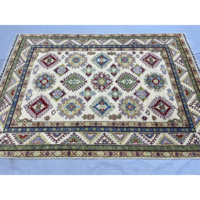 2000 - 2009 Ivory Kazak Wool Rug With Colorful Medallions, 5'6" X 7'6" For Sale - Image 5 of 14