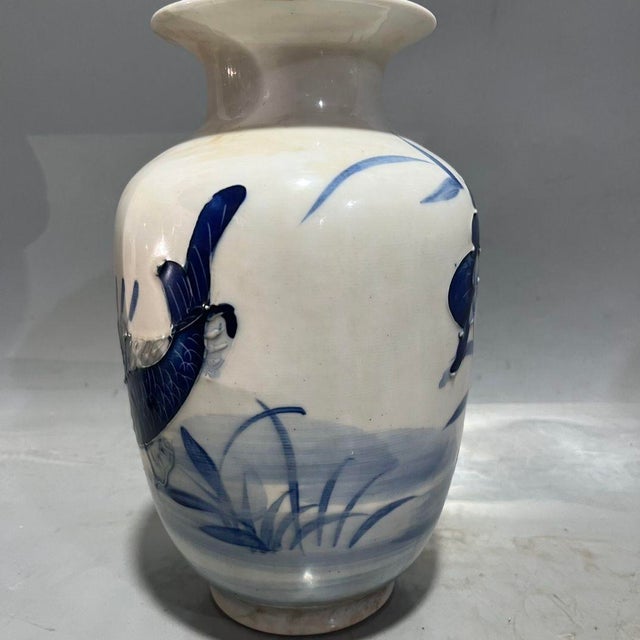 Chinoiserie Blue and White Raised Relief Lotus Porcelain Vase, Chinoiserie Decor Vessel For Sale - Image 3 of 8