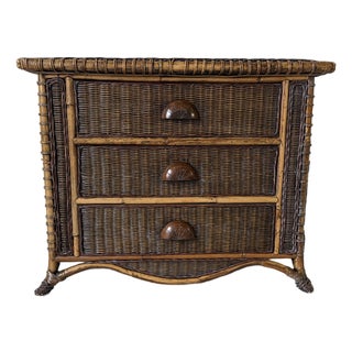 Vintage Coastal Organic Bamboo & Woven Wicker Three-Drawer Nightstand For Sale