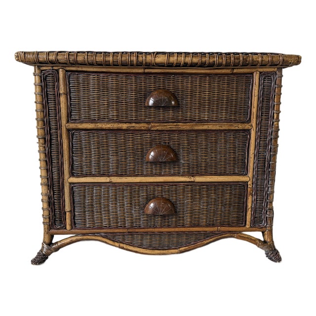 Vintage Coastal Organic Bamboo & Woven Wicker Three-Drawer Nightstand For Sale