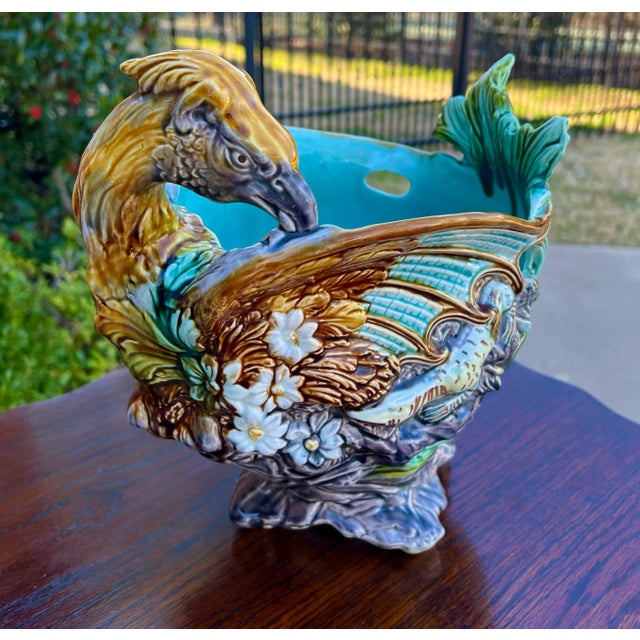 French Antique French Majolica Onnaing Cache Pot Planter Bowl Jardiniere Phoenix Bird For Sale - Image 3 of 12