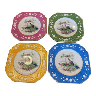 Late 19th Century Wedgwood Queens Ivory Pheasant Salad/Dessert Plates 2 Pink, 2 Green, 2 Blue and 1 Yellow. - Set of 7 For Sale