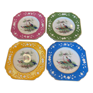 Late 19th Century Wedgwood Queens Ivory Pheasant Salad/Dessert Plates 2 Pink, 2 Green, 2 Blue and 1 Yellow. - Set of 7