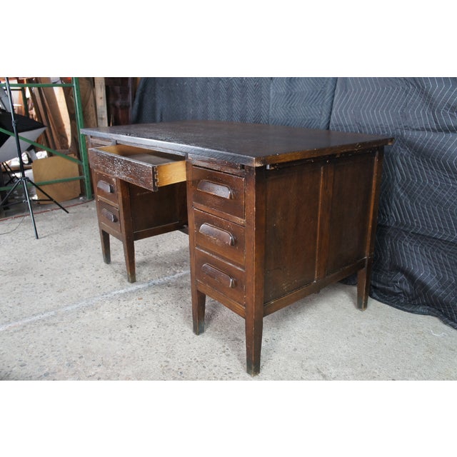 Antique Oak Executive School Teachers Office Library Writing Desk 54" For Sale - Image 4 of 15