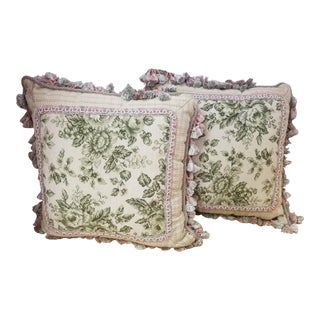 Pink & Green Needlepoint Pillows - a Pair For Sale