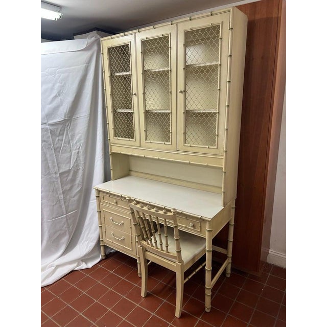 1970s Thomasville Allegro Faux Bamboo Desk With Bookcase Hutch Top and Chair For Sale - Image 5 of 18