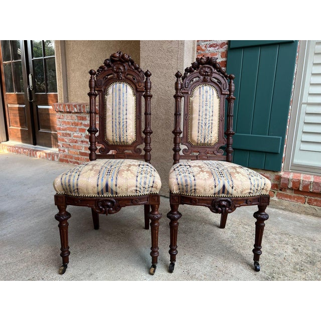 Pair Antique French Dining Chairs Renaissance Carved Oak Black Forest c1880. Direct from France, a dramatic and highly...
