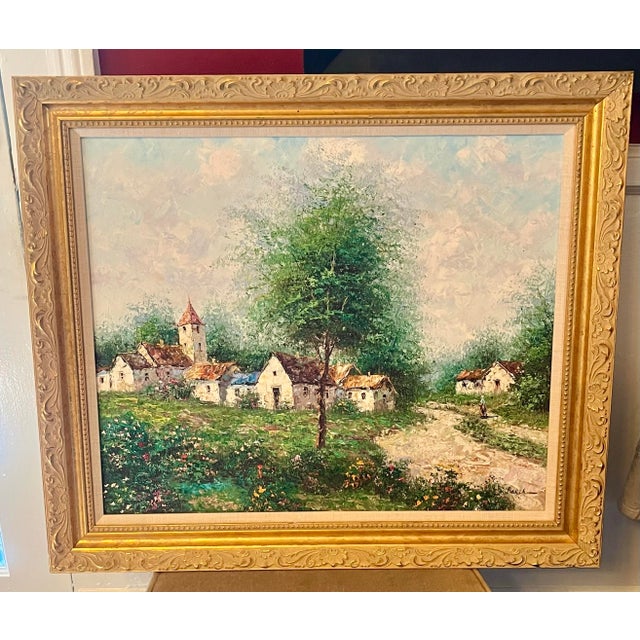 Green Mid-Century German Village Landscape — Signed Oil on Canvas by Theo Rauscher, C. 1957 For Sale - Image 8 of 11