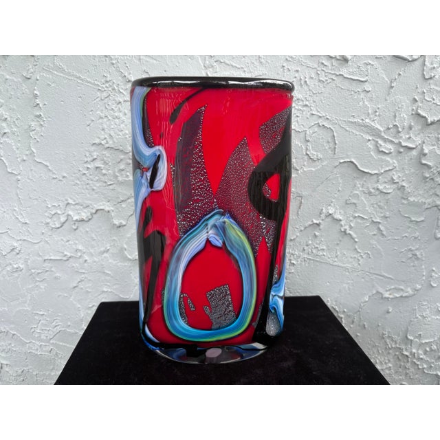 Murano Vintage Murano Hand-Blown Art Glass Vase With Aventurine, Red & Blue Swirl Design For Sale - Image 4 of 8