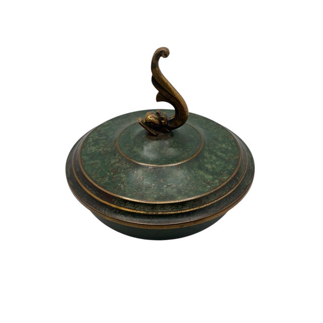 Metal 1920s Carl Sorensen Arts & Crafts Bronze Covered Dish With Dolphin Finial Lid For Sale - Image 7 of 9