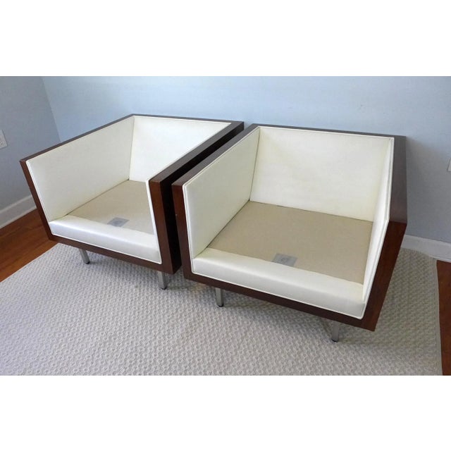 Mid 20th Century Walnut Case White Leather Cube Chairs Vintage in the Style of Milo Baughman - a Pair For Sale - Image 10 of 12