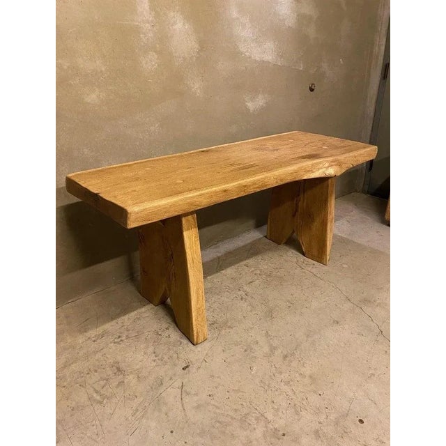Brutalist, or mid-century modern, solid oak live edge console table or desk. Thick oak slab top with organic shape...