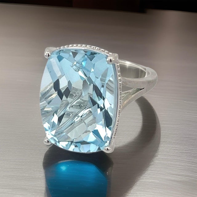 Natural Solitaire Blue Topaz Ring 6.5 14k W Gold 19.58 Cts Certified For Sale - Image 4 of 18