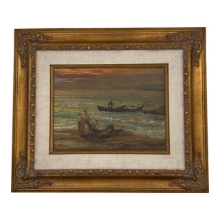 Antique Italian Coastal Village Fishermen Oil Painting – Salvaged Canvas Fragment For Sale