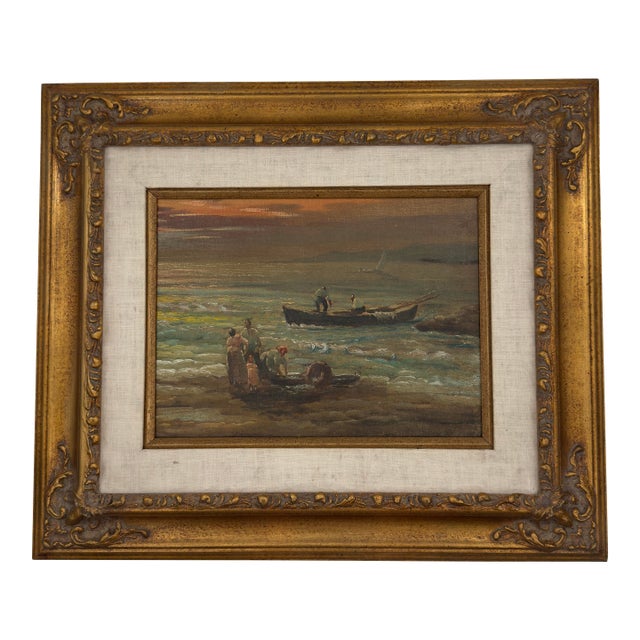 Antique Italian Coastal Village Fishermen Oil Painting – Salvaged Canvas Fragment For Sale