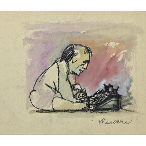 Charcoal drawing and watercolor realized by Mino Maccari in 1965 ca. Hand signed lower right. Very good condition except...
