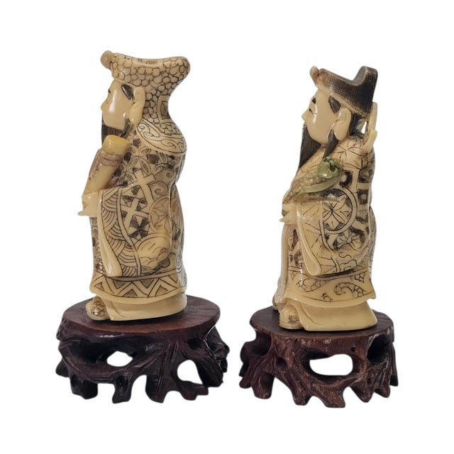Late 20th Century Pair Chinese Scholar and Deity Figures on Carved Hardwood Stands 3.25" For Sale - Image 5 of 10