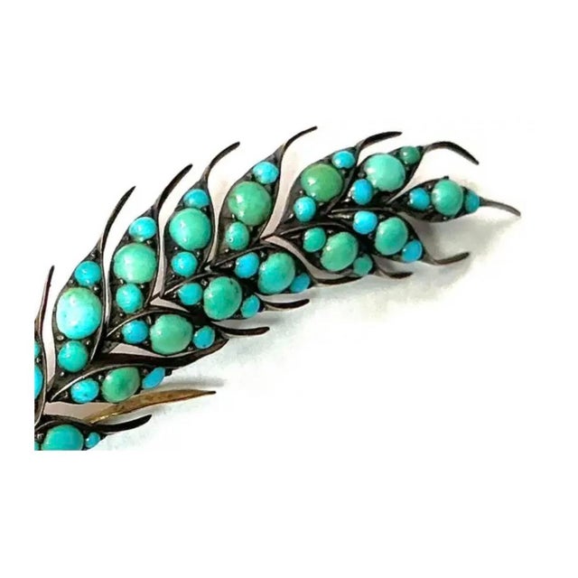 1960s Vintage 14k Gold Turquoise Leaf-Form Brooch, Mid-20th Century, 11.19g For Sale - Image 5 of 8