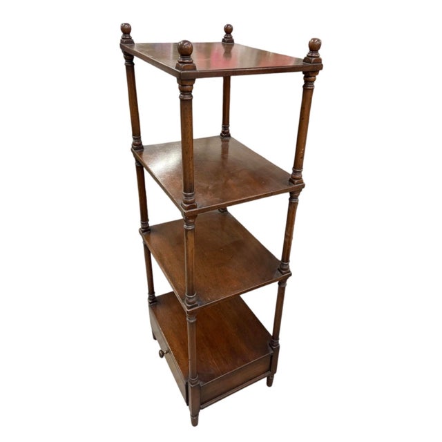 Vintage Four-Tier Turned-Wood Étagère Stand With Base Drawer For Sale In West Palm - Image 6 of 12