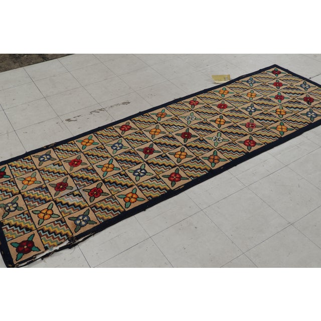 Traditional Antique Hooked Runner in Brown With Floral Patterns & Chevrons | Rug & Kilim For Sale - Image 3 of 7
