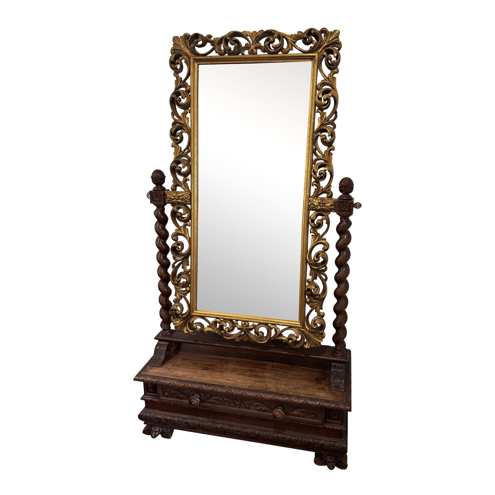 Antique Carved Italian Walnut Stand Mirror | Chairish