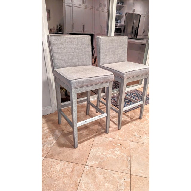 Transitional Transitional Light Gray Tailored Fabric Bar Stools - Set of 2 For Sale - Image 3 of 6