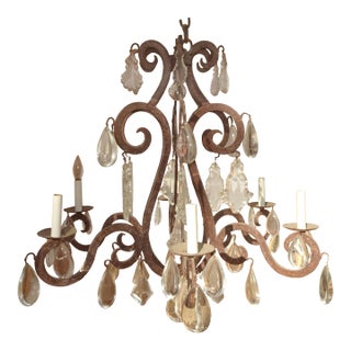 Vintage Arte De Mexico Spanish Style Hand Forged Iron & Crystal Chandelier Light For Sale